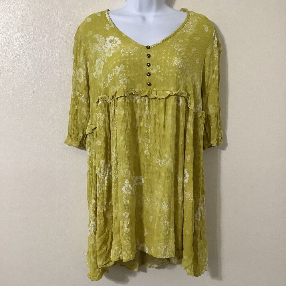 Ces Femme Yellow Floral Cottagecore Beachy Boho Summer Casual‎ Oversized Dress S